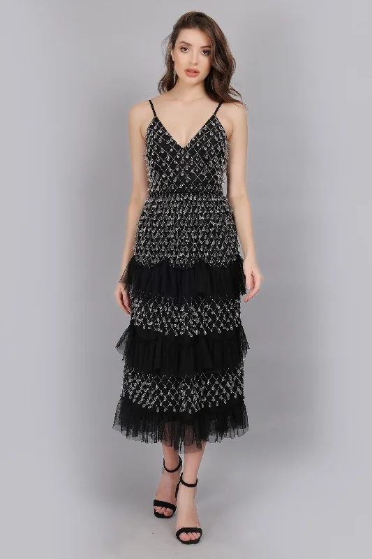 Satin wedding guest dresses with side slits for a sexy touch Pearl Drop Midaxi Dress in Black