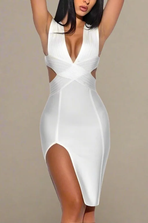 Off - the - shoulder holiday dresses with puffed sleeves for a vintage - inspired holiday style Pia Bandage Dress - Pearl White Off - the - shoulder holiday dresses with puffed sleeves for a vintage - inspired holiday style Pia Bandage Dress - Pearl White