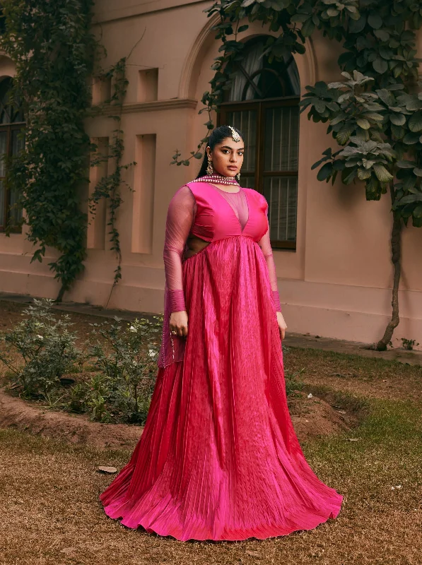Long holiday dresses with a side slit for an elegant and alluring holiday silhouette Hiba Hot Pink Silk Taffeta Anarkali with Hand-Embroidered Dupatta Long holiday dresses with a side slit for an elegant and alluring holiday silhouette Hiba Hot Pink Silk Taffeta Anarkali with Hand-Embroidered Dupatta
