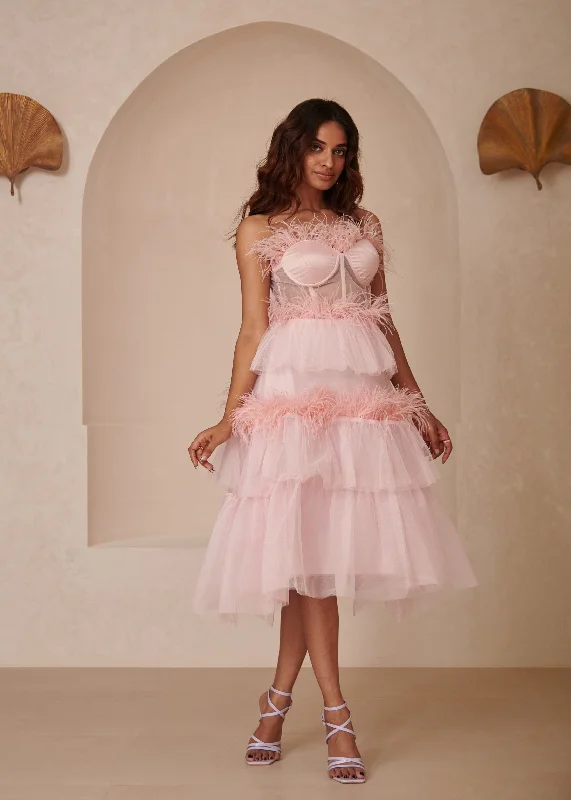 Holiday dresses with sheer panels and beaded accents for a hint of allure and glamour during the holidays Aiko Pink Feather Ruffled Corset Midi Dress Holiday dresses with sheer panels and beaded accents for a hint of allure and glamour during the holidays Aiko Pink Feather Ruffled Corset Midi Dress