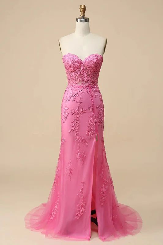 Cocktail dresses with an abstract print and a high - low hemline Pink Corset Sweetheart Long Lace Mermaid Prom Dress with Slit Cocktail dresses with an abstract print and a high - low hemline Pink Corset Sweetheart Long Lace Mermaid Prom Dress with Slit