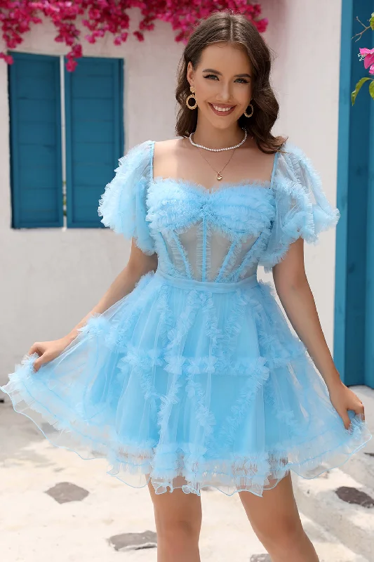 Holiday dresses with sheer panels and beaded accents for a hint of allure and glamour during the holidays Blue Tulle Off The Shoulder Short Homecoming Dress Holiday dresses with sheer panels and beaded accents for a hint of allure and glamour during the holidays Blue Tulle Off The Shoulder Short Homecoming Dress