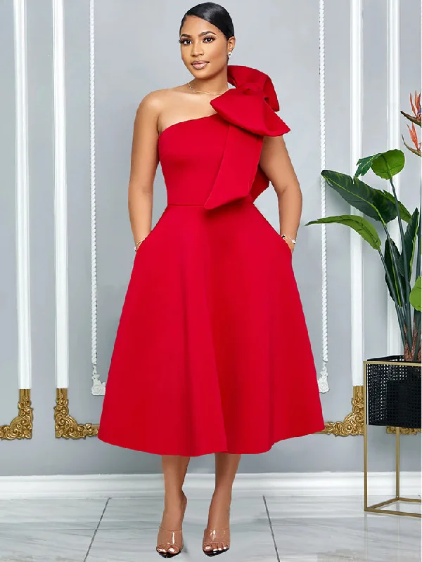 Cocktail dresses with a pleated skirt and a square neckline Red Christmas Party Dress with A Line Pleated One Shoulder Bow