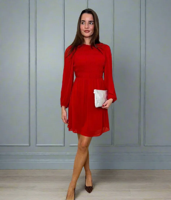 Cocktail dresses with a metallic - embroidered pattern and a midi - hem Red Shirred Bodice Chiffon Dress Cocktail dresses with a metallic - embroidered pattern and a midi - hem Red Shirred Bodice Chiffon Dress
