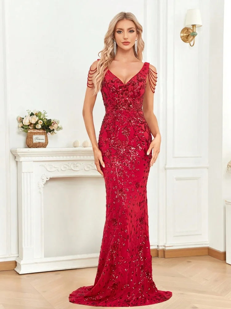 Cocktail dresses with a cut - out detail and a body - con fit Red V-Neck Sequin Beading Mermaid Party Dresses Cocktail dresses with a cut - out detail and a body - con fit Red V-Neck Sequin Beading Mermaid Party Dresses