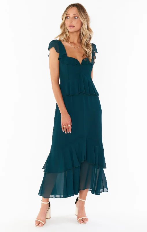 Animal - print wedding guest dresses in subtle colors for a bold statement Reese Ruffle Dress ~ Emerald Chiffon