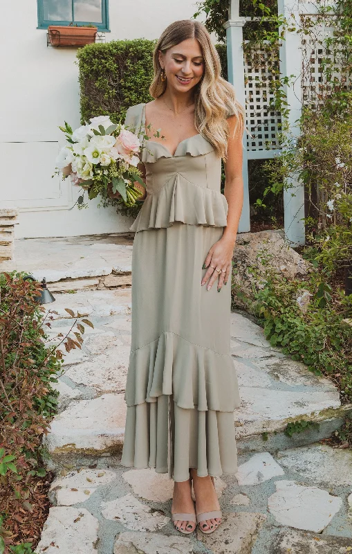 Wedding guest dresses with patchwork designs for a unique look Reese Ruffle Dress ~ Moss Green Crisp