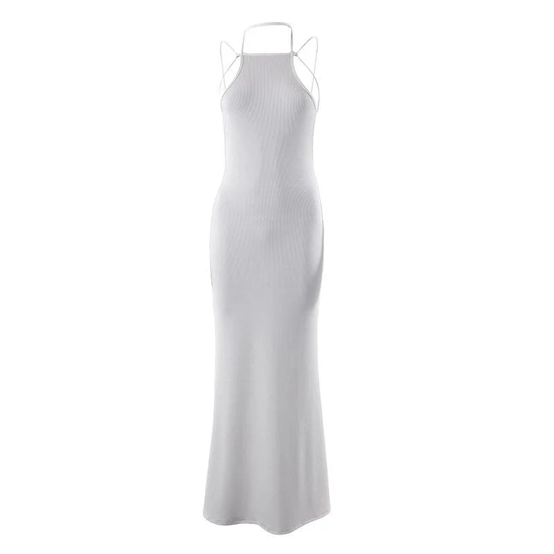 Satin cocktail dresses with a high - low hem for a modern touch BerryBetty - Ribbed halter self tie solid backless sleeveless maxi dress Satin cocktail dresses with a high - low hem for a modern touch BerryBetty - Ribbed halter self tie solid backless sleeveless maxi dress