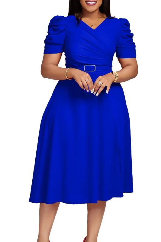Mini cocktail dresses with a pleated bodice and a spaghetti - strap back Royal Blue A Line V Neck Short Sleeves Cocktail Dress with Belt Mini cocktail dresses with a pleated bodice and a spaghetti - strap back Royal Blue A Line V Neck Short Sleeves Cocktail Dress with Belt