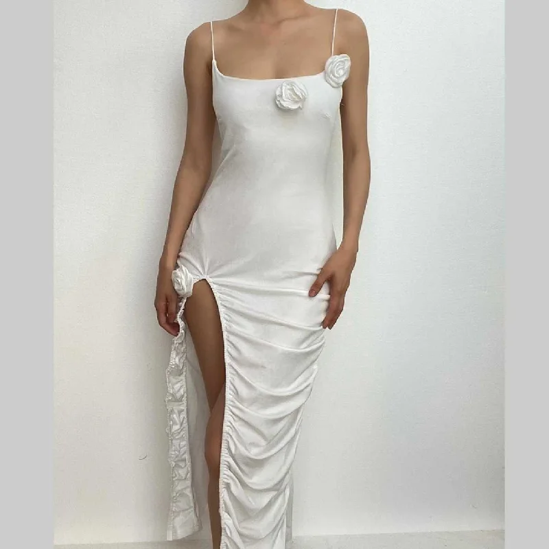 Cocktail dresses with a patchwork pattern and a mid - thigh length BerryBetty - Ruched flower applique solid slit irregular backless midi dress