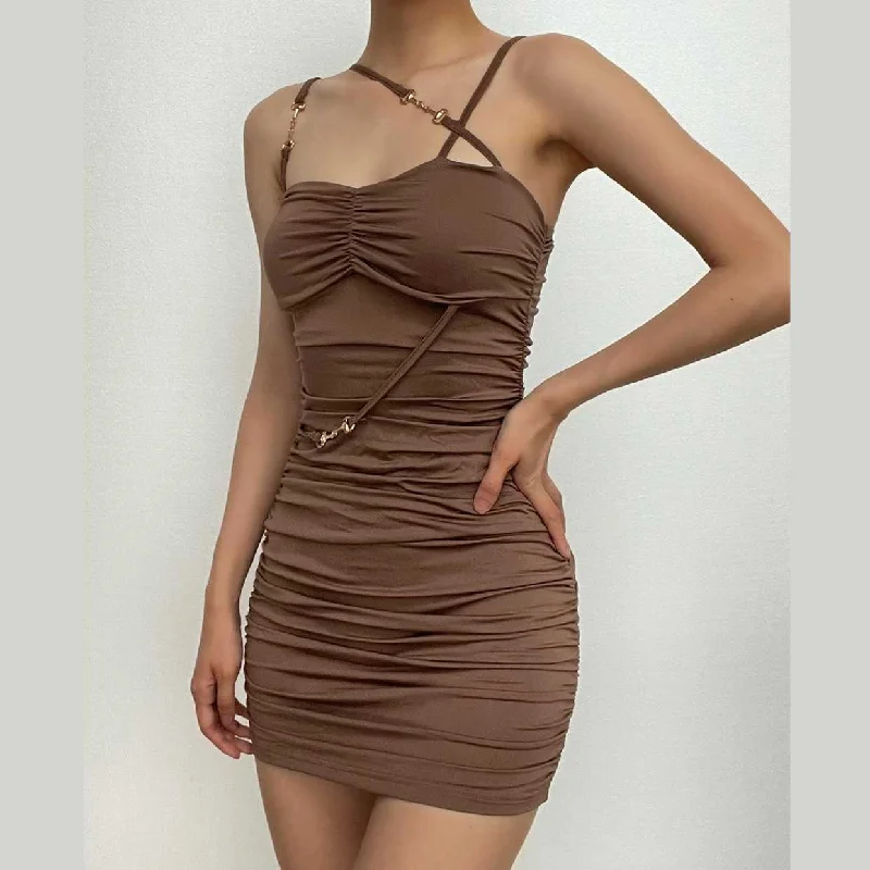 Sheath cocktail dresses in blush pink for a romantic look BerryBetty - Ruched solid metal chain irregular backless mini dress Sheath cocktail dresses in blush pink for a romantic look BerryBetty - Ruched solid metal chain irregular backless mini dress
