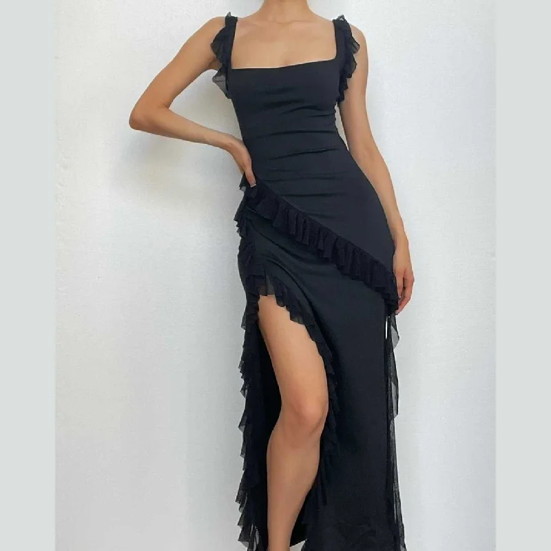 Animal - print cocktail dresses with a V - neck for a fierce look BerryBetty - Ruffle cap sleeve slit square neck irregular solid maxi dress Animal - print cocktail dresses with a V - neck for a fierce look BerryBetty - Ruffle cap sleeve slit square neck irregular solid maxi dress