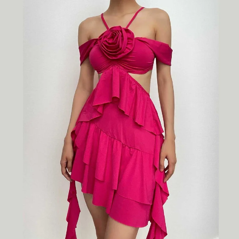 Cocktail dresses with a wrap - front style and a long - length option BerryBetty - Ruffle solid hollow out flower applique sleeveless irregular mini dress Cocktail dresses with a wrap - front style and a long - length option BerryBetty - Ruffle solid hollow out flower applique sleeveless irregular mini dress