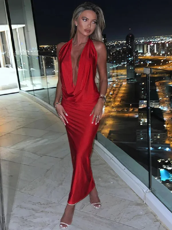 Satin - lined cocktail dresses with a lace outer layer Satin Deep V Neck Sleeveless Maxi Christmas Party Dress Satin - lined cocktail dresses with a lace outer layer Satin Deep V Neck Sleeveless Maxi Christmas Party Dress