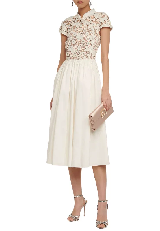 Off - the - shoulder wedding guest dresses in chiffon Ivory Embellished Guipure Lace Midi Dress