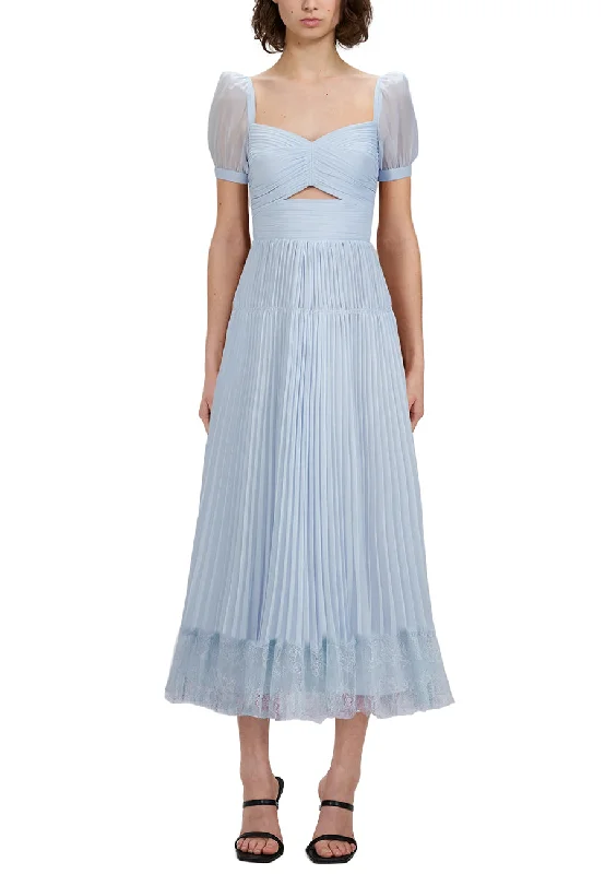 Wedding guest dresses with pom - pom trims for a playful look Light Blue Short Sleeves Sweetheart Neckline Cutout Chiffon Midi Dress