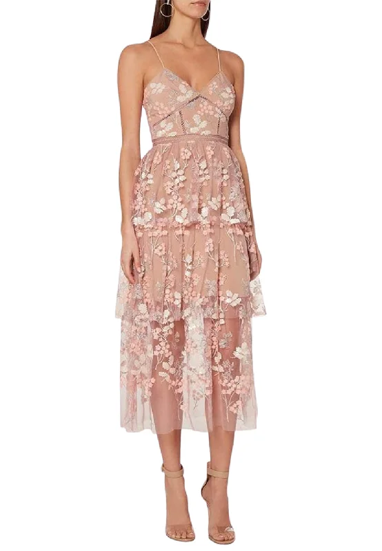Lace - trimmed wedding guest dresses in blush pink Nude Flower Mesh Tiered Midi Dress