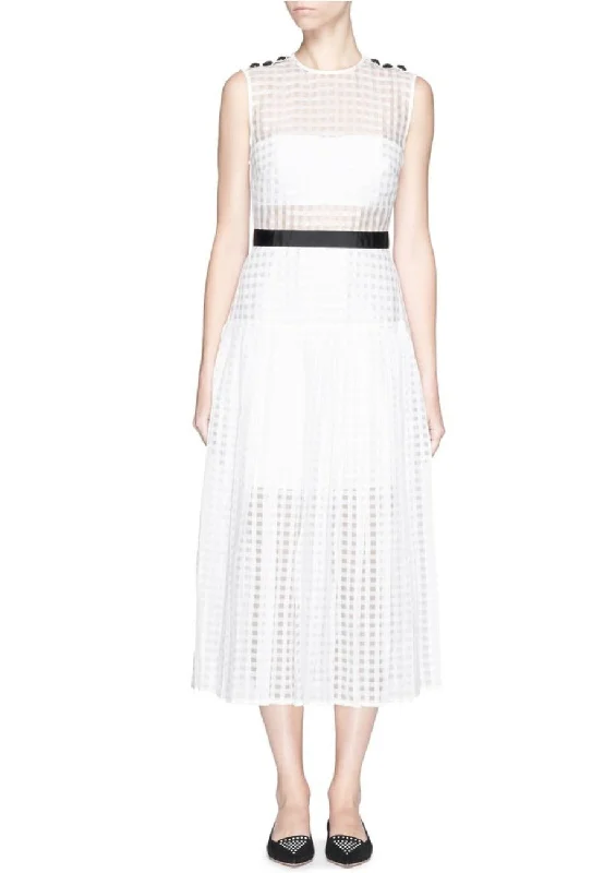 Ruffled - sleeve wedding guest dresses in light blue for a spring wedding White Gingham Voile Pleat Midi Dress