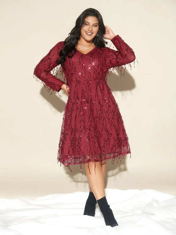 Short - length party dresses with a ruffled skirt for a flirty look Sequin Fringe Detailing Elastic Waist Midi Dress Short - length party dresses with a ruffled skirt for a flirty look Sequin Fringe Detailing Elastic Waist Midi Dress