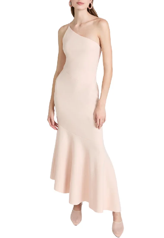 Printed wedding guest dresses with tropical motifs for beach weddings Blush Tori One Shoulder Gown