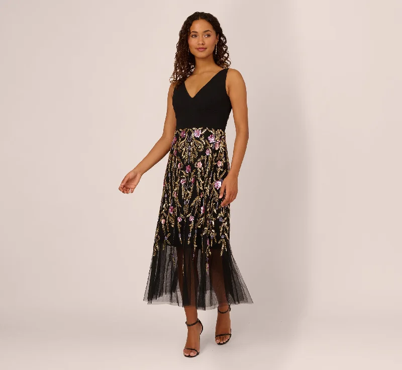 Embroidered wedding guest dresses in earthy tones for a rustic wedding Sleeveless Crepe Gown With Floral Beaded Skirt In Black Multi
