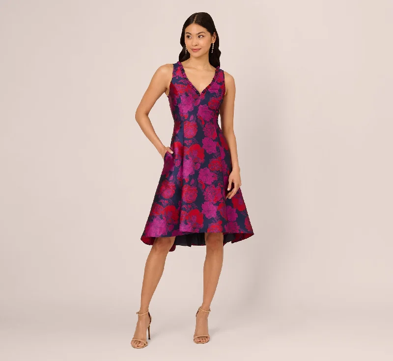 Plaid wedding guest dresses in muted colors for a fall wedding Sleeveless Floral Jacquard Midi Dress With High Low Skirt In Navy Multi