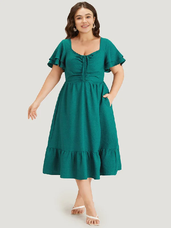 Cotton wedding guest dresses with smocked details for a casual wedding Solid Drawstring Pocket Ruffle Trim Layered Dress