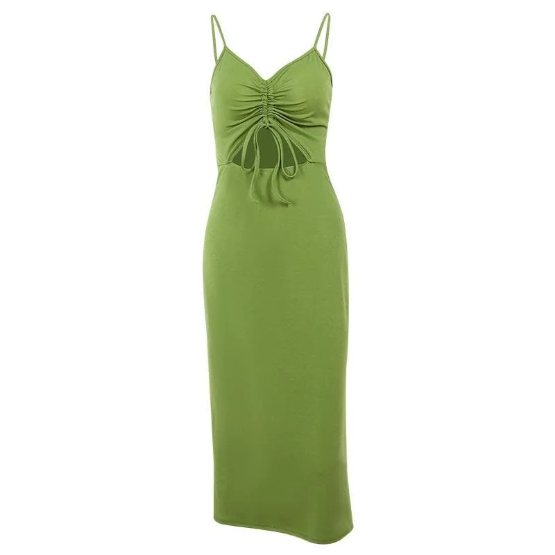 Cocktail dresses with a mesh panel and a high - neck design BerryBetty - Solid hollow out drawstring v neck backless cami midi dress Cocktail dresses with a mesh panel and a high - neck design BerryBetty - Solid hollow out drawstring v neck backless cami midi dress