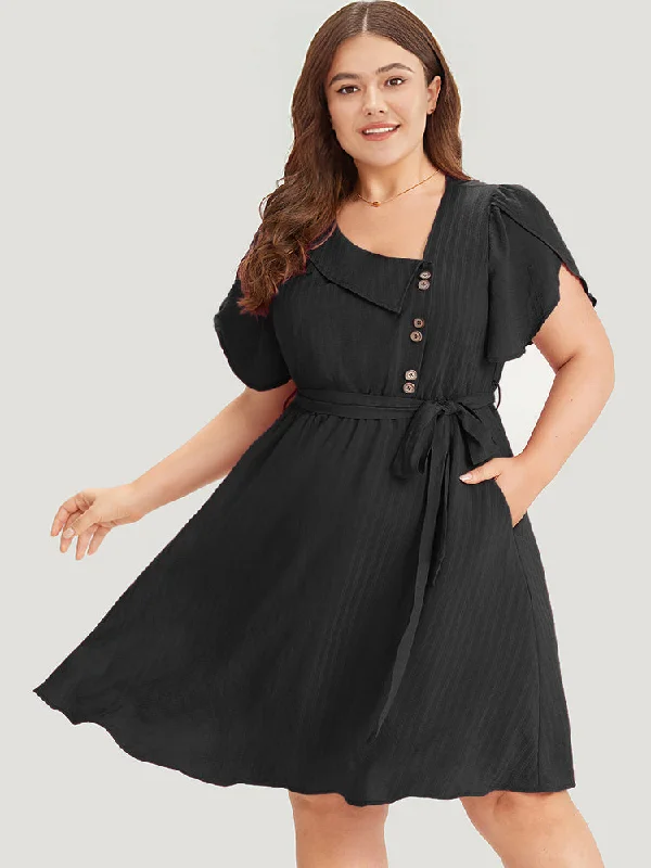 Velvet - trimmed wedding guest dresses in burgundy for a formal event Solid Irregular Neck Pocket Button Detail Petal Sleeve Dress