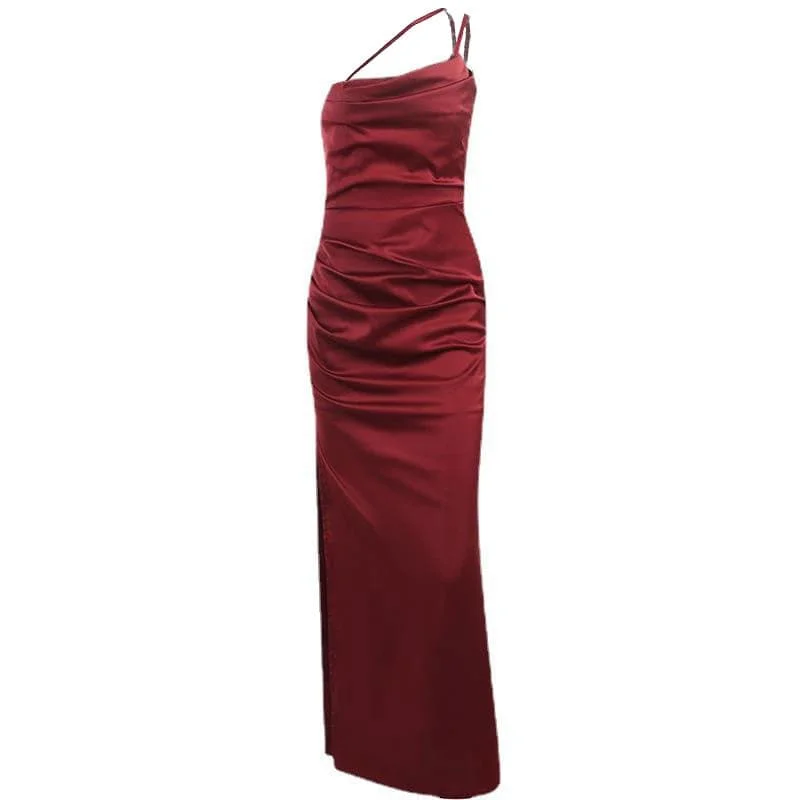 One - shoulder cocktail dresses in emerald green for a bold statement BerryBetty - Solid satin ruched one shoulder slit midi dress One - shoulder cocktail dresses in emerald green for a bold statement BerryBetty - Solid satin ruched one shoulder slit midi dress