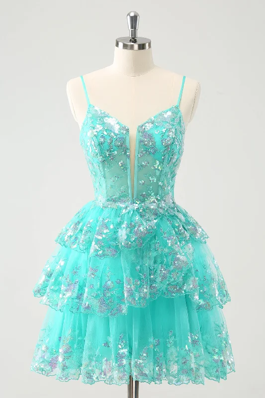 Cocktail dresses with a floral print and a peplum waist Cute Sparkly A-Line Green Spaghetti Straps Tiered Homecoming Dress with Sequins Cocktail dresses with a floral print and a peplum waist Cute Sparkly A-Line Green Spaghetti Straps Tiered Homecoming Dress with Sequins