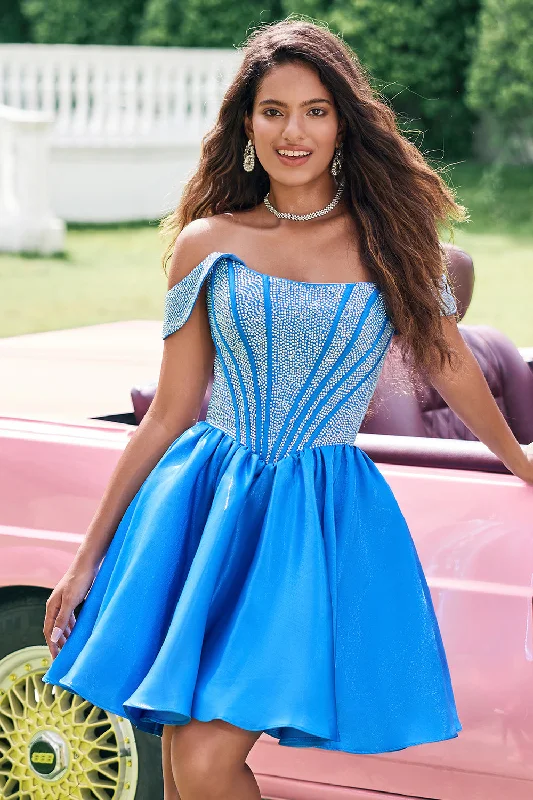 Mini cocktail dresses with a ruffled hem and a solid color Sparkly Blue A Line Off the Shoulder Satin Ruffle Homecoming Dress with Beading Mini cocktail dresses with a ruffled hem and a solid color Sparkly Blue A Line Off the Shoulder Satin Ruffle Homecoming Dress with Beading