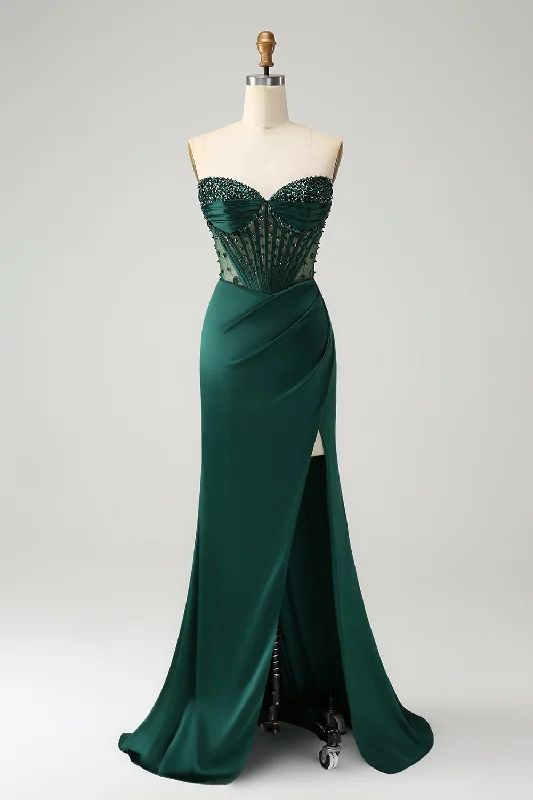 Cocktail dresses with a fringe detail and a sleeveless design Sparkly Dark Green Mermaid Strapless Beaded Corset Long Prom Dress with Slit Cocktail dresses with a fringe detail and a sleeveless design Sparkly Dark Green Mermaid Strapless Beaded Corset Long Prom Dress with Slit