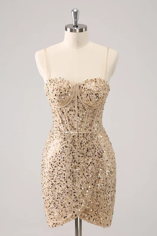 Asymmetric - hem cocktail dresses in a bold color for a fashion - forward look Sparkly Golden Spaghetti Straps Bodycon Homecoming Dress with Sequins Asymmetric - hem cocktail dresses in a bold color for a fashion - forward look Sparkly Golden Spaghetti Straps Bodycon Homecoming Dress with Sequins