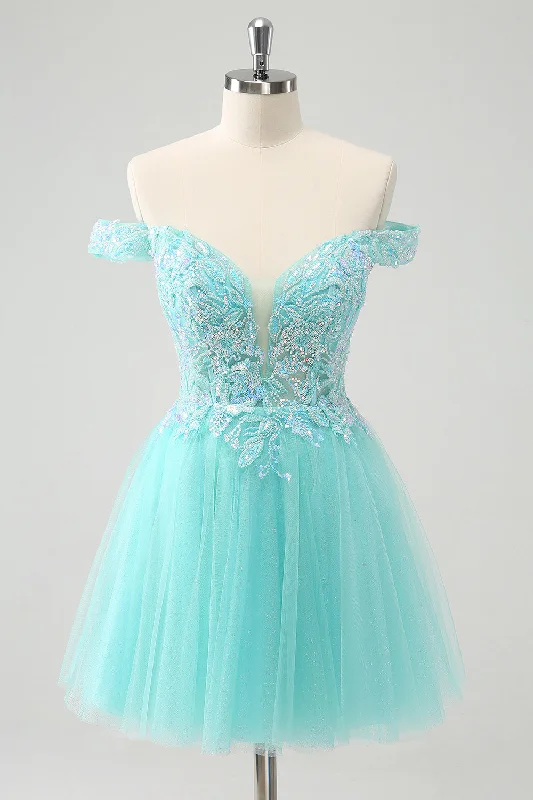 Cocktail dresses with a pom - pom trim and a short - sleeved style Sparkly Light Blue A Line Off The Shoulder Short Homecoming Dress Cocktail dresses with a pom - pom trim and a short - sleeved style Sparkly Light Blue A Line Off The Shoulder Short Homecoming Dress