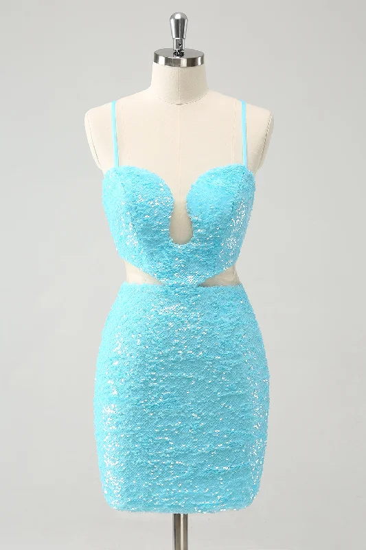 Cocktail dresses with a fringe detail and a sleeveless design Sparkly Light Blue Spaghetti Straps Sequin Tight Homecoming Dress with Hollow Out Cocktail dresses with a fringe detail and a sleeveless design Sparkly Light Blue Spaghetti Straps Sequin Tight Homecoming Dress with Hollow Out
