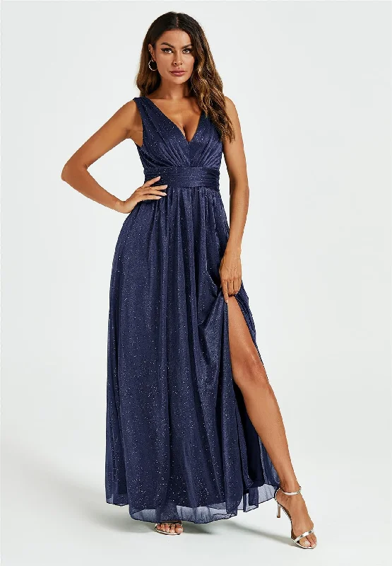 Cocktail dresses with a metallic - embroidered pattern and a midi - hem Sparkly V Neck Bridesmaid Maxi Dress In Navy Cocktail dresses with a metallic - embroidered pattern and a midi - hem Sparkly V Neck Bridesmaid Maxi Dress In Navy