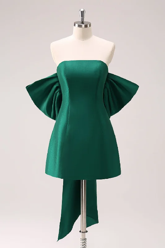 Sheer cocktail dresses with a lining and a short hem Dark Green Strapless A Line Short Homecoming Dress with Bow Sheer cocktail dresses with a lining and a short hem Dark Green Strapless A Line Short Homecoming Dress with Bow