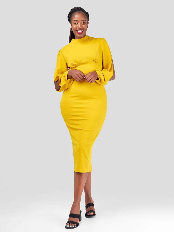 Bodycon dress with a high - low hem for a trendy look Stylish Sisters Bodycon Dress - Mustard Bodycon dress with a high - low hem for a trendy look Stylish Sisters Bodycon Dress - Mustard