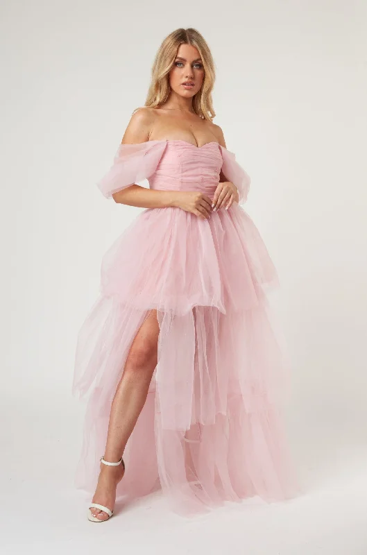 Wedding guest dresses with keyhole backs and flowing fabrics Sydney Off Shoulder Tulle Maxi Dress in Powder Pink