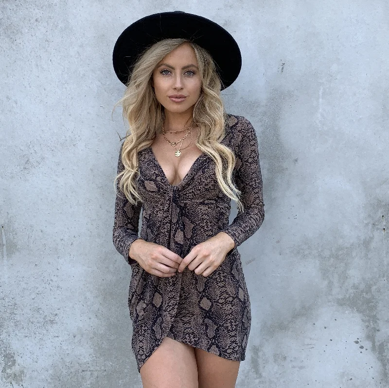Backless bodycon dress for a bold statement Take A Hike Snakeskin Long Sleeve Dress Backless bodycon dress for a bold statement Take A Hike Snakeskin Long Sleeve Dress