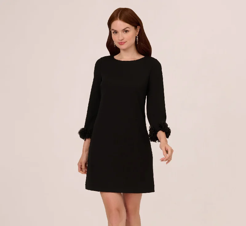 Wedding guest dresses with puff sleeves and knee - length hems Three Quarter Sleeve Shift Dress With Floral Embellished Cuffs In Black