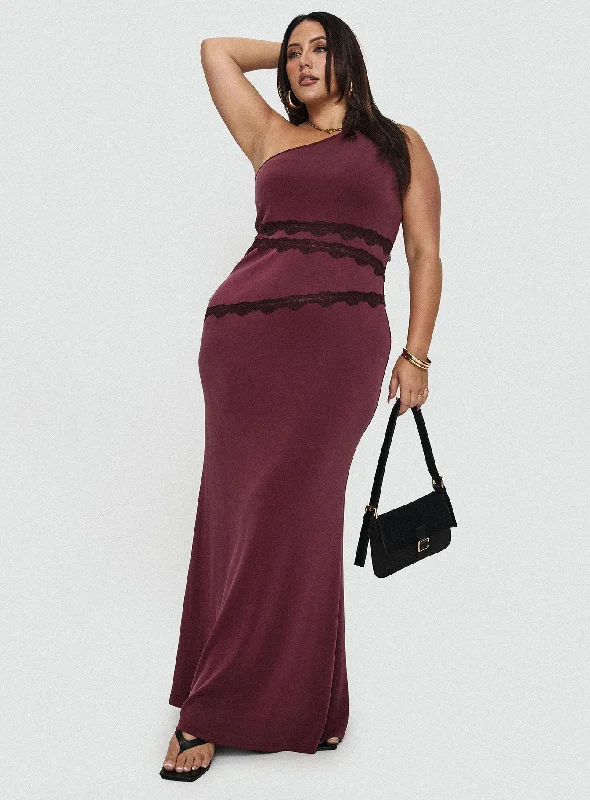 Party dresses with a satin - lined interior for added comfort Ultraviolet One Shoulder Lace Maxi Dress Wine Curve Party dresses with a satin - lined interior for added comfort Ultraviolet One Shoulder Lace Maxi Dress Wine Curve