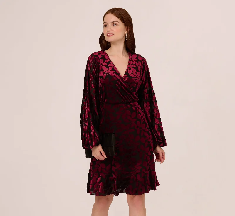 Wedding guest dresses with button - down fronts and A - line silhouettes Velvet Burnout Faux Wrap Dress With Long Bishop Sleeves In Burgundy Black Wedding guest dresses with button - down fronts and A - line silhouettes Velvet Burnout Faux Wrap Dress With Long Bishop Sleeves In Burgundy Black