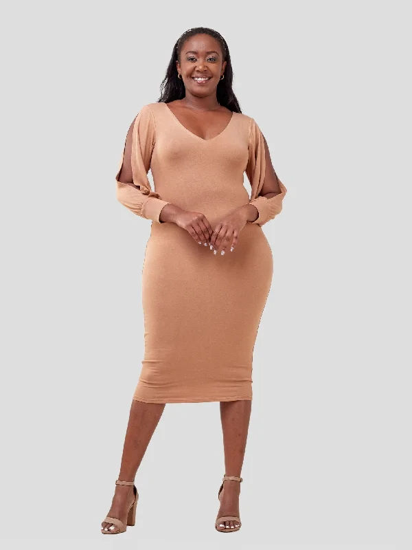 Bodycon dress for a cocktail party Vivo Lamu 3/4 Sleeve Double Layered Bodycon - Tan Bodycon dress for a cocktail party Vivo Lamu 3/4 Sleeve Double Layered Bodycon - Tan