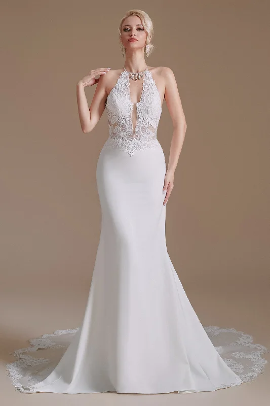 Princess - style wedding dresses with a full skirt White Mermaid Halter Backless Sweep Train Wedding Dress with Lace Princess - style wedding dresses with a full skirt White Mermaid Halter Backless Sweep Train Wedding Dress with Lace
