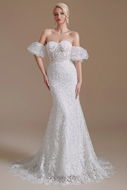Wedding dresses with a detachable skirt for versatility White Mermaid Lace Detachable Puff Sleeves Sweep Train Bridal Dress Wedding dresses with a detachable skirt for versatility White Mermaid Lace Detachable Puff Sleeves Sweep Train Bridal Dress