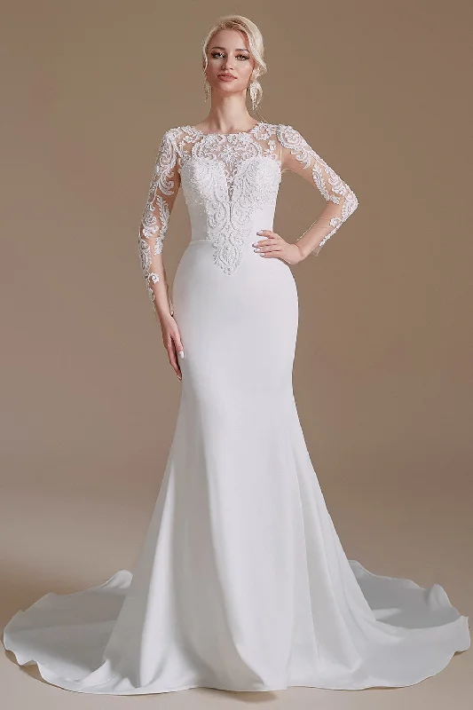 Wedding dresses with a ruched bodice for a textured look White Mermaid Long Sleeves Sweep Train Wedding Dress with Lace