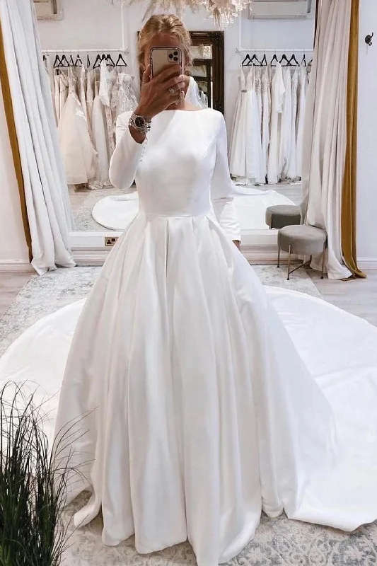 One - shoulder wedding dresses with a flowing sleeve​ White Vintage Bateau Long A-Line Wedding Dress with Sleeves