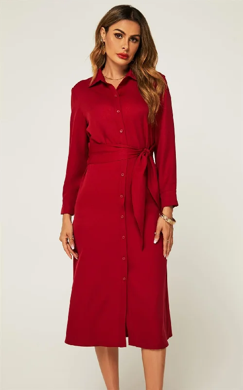 A - line cocktail dresses with floral embroidery for spring parties Wine Red Midi Shirt Dress With Tie Waist A - line cocktail dresses with floral embroidery for spring parties Wine Red Midi Shirt Dress With Tie Waist